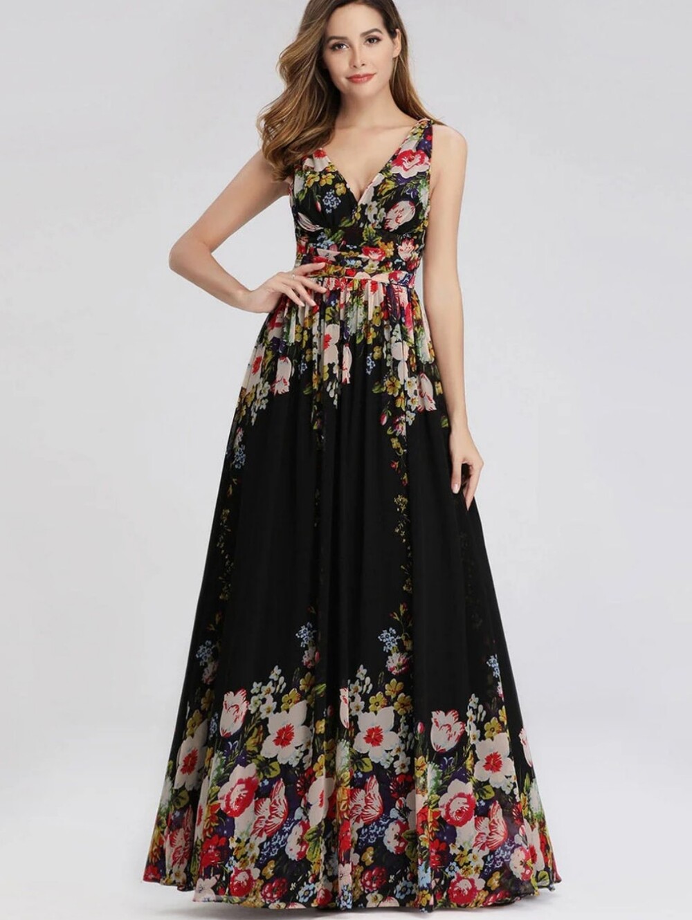 Ever Pretty Elegant Maxi Long Evening Dress With Double V-Neck Floral Print NWT